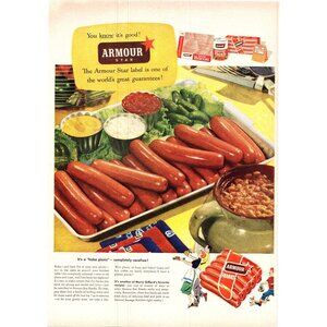 1952 Armour Star Franks Hot Dog Wieners Vintage Print Ad Cookout 50s Wall Art
